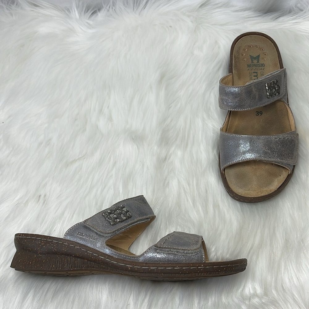 Mephisto Silver Leather Strappy Slides Sz 39/US 9